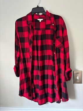 Women's Red & Black Plaid Button-Down Shirt Jacket